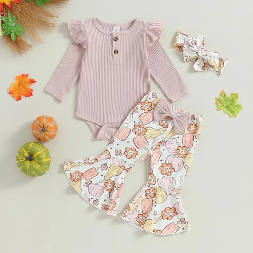 Vista 2 de Ropa de Halloween para bebé recién nacida, manga larga, mameluco, pantalones de campana, diadema, trajes de otoño para bebé