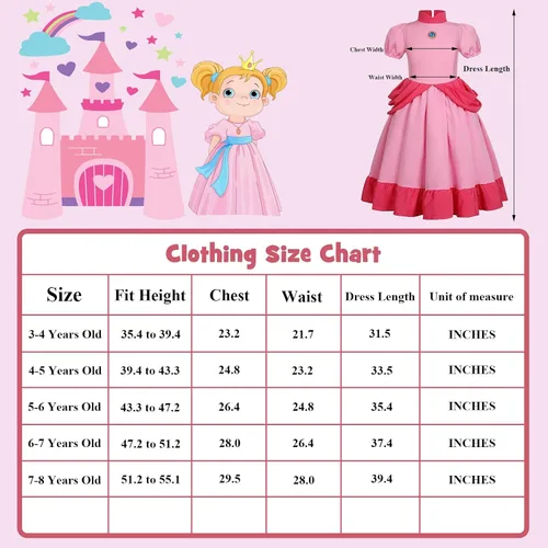 Vista 2 de Popuid Girls Princess Peach Costume Dress with Crown Gloves Wand Handbag, Funny Kids Super Bros Theme Party Halloween Outfits