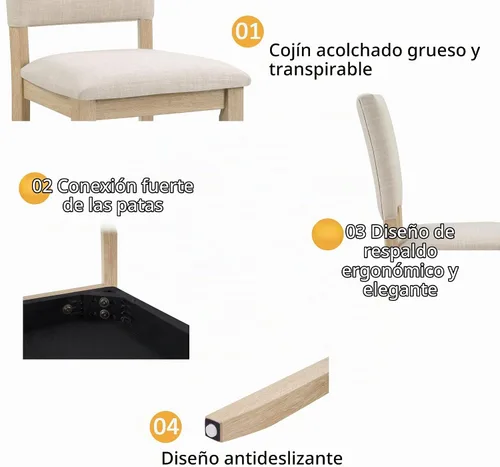 Vista 8 de LUMISOL Juego de mesa de comedor de 6 piezas con banco, juego de mesa de cocina rectangular con base en forma de U, 4 sillas tapizadas y banco