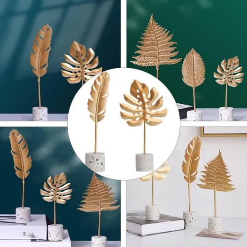 Vista 6 de ARTIBETTER Escultura de mesa artificial de hojas rústicas sin Monstera, adornos dorados, gabinete de oficina, estatua hawaiana, escritorio