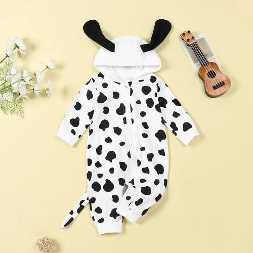 Vista 2 de Mameluco con capucha para bebé, niño, niña, dálmata, manga larga, con cremallera, para cachorro, ropa de otoño e invierno