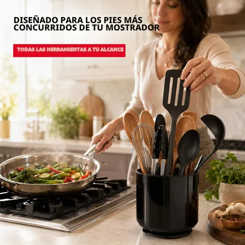 Vista 7 de Cooler Kitchen Portautensilios Jumbo Extra Grande Resistente Giratorio Negro con Base Pesada Antivuelco e Inserto con Agarre - A Prueba de Óxido