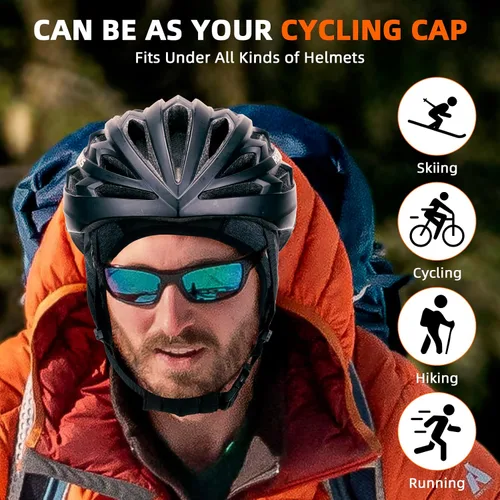 Vista 6 de ROCKBROS Gorras de ciclismo de invierno para hombres y mujeres, sombrero de ciclismo a prueba de viento con visera solar debajo del casco forro negro