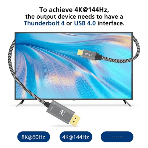 Vista 6 de Cable USB C a DisplayPort 8K, bidireccional, DisplayPort a USB C 4K 144Hz/2K 240Hz, compatible con Thunderbolt 4, trenzado, funciona con iPhone