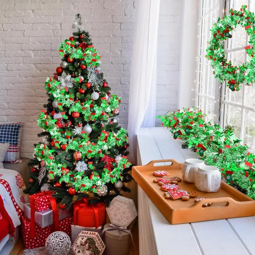 Vista 4 de XunYee Guirnalda de Oropel de Copos de Nieve para Árbol de Navidad de 98 pies, Decoraciones de Guirnalda Metálica Trenzada Roja Verde, Adorno