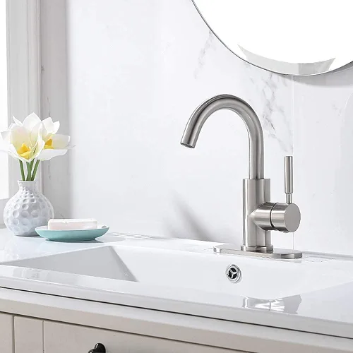 Vista 2 de Grifo de acero inoxidable de arco alto de un solo mango para fregadero de precocina/fregadero de bar/fregadero de baño por Phiestina, con placa