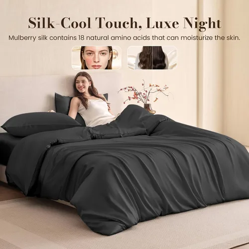 Vista 6 de THXSILK Juego de funda de edredón de seda de morera 100% pura de 3 piezas, ropa de cama de lujo ultra suave de grado 6A+, sábanas de seda