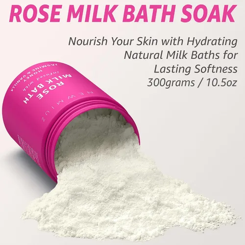 Vista 4 de Baño calmante de leche de coco rosa en remojo, hidrata, suaviza la piel, miel, jazmín, vainilla, destress, lujo, spa, baño, sal en polvo, alivio