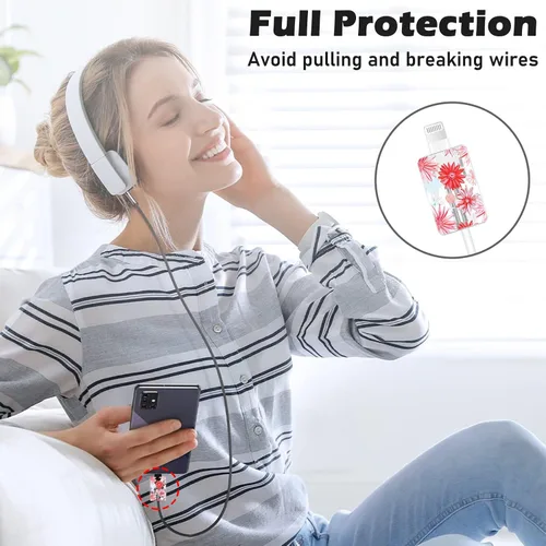 Vista 5 de Lindo protector de cable para cargador adaptador de iPhone, diseño de flores de crisantemo rojo, cable de datos de TPU suave, funda USB-C