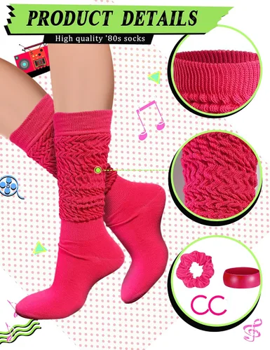 Vista 3 de 4 piezas de accesorios de los años 80 y 90 para mujer, calcetines de neón slouch Scrunch de los años 80, calentadores de piernas pesados, suaves