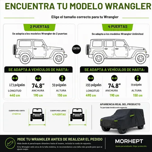 Vista 3 de Waterproof Cover for Jeep Wrangler 2-Door with Driver Door Zipper Negro