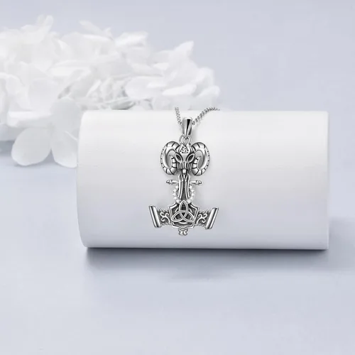 Vista 6 de JOERPH Collar vikingo con martillo Thor para hombre, plata de ley 925, amuleto de Mjolnir, talismán, cabeza de cabra, nudo celta, collar