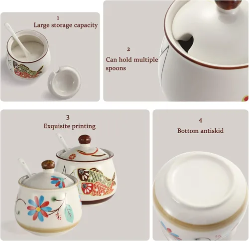 Vista 4 de Azucareros de porcelana Juego de 2 azucareros de cerámica con tapa y cuchara, tarro de almacenamiento de azúcar, recipiente dispensador de azúcar