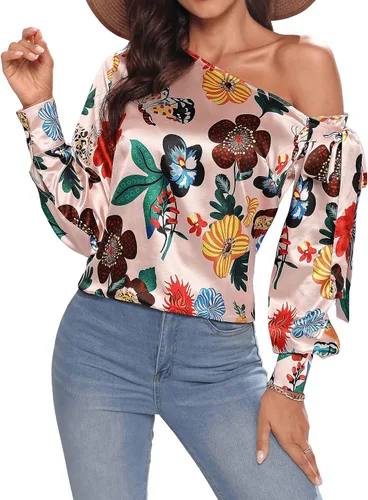 Vista 4 de Floerns Blusa lateral con nudo y cuello asimétrico y manga larga para mujer