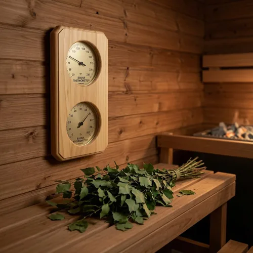 Vista 3 de Termómetro-higrómetro de madera premium de 10 pulgadas para sauna (precisión y diseño mejorados)