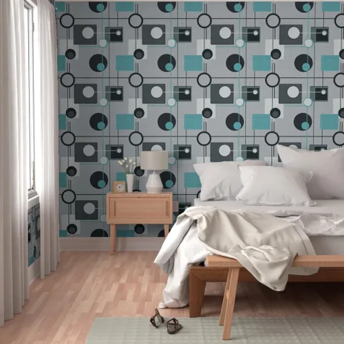 Vista 5 de Papel tapiz para despegar y pegar – Orbs Squares Grey Aqua Black White Vintage Blue Retro Circles Papel pintado personalizado extraíble por