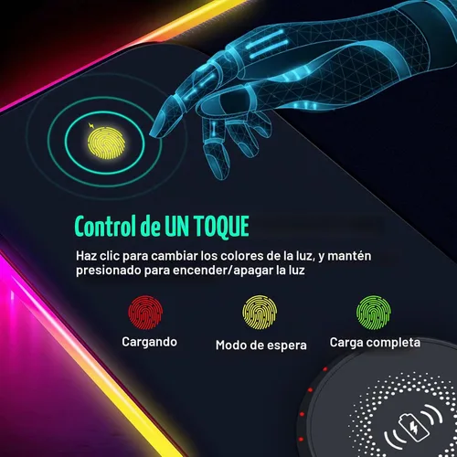 Vista 5 de Alfombrilla de mouse LED RGB con cargador inalámbrico de 15 W, alfombrilla de mouse para juegos con 10 modos de luz, alfombrilla de mouse extra
