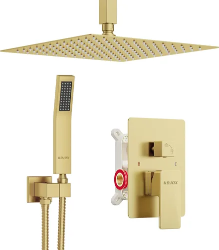 Vista 10 de 11" Brushed Gold Rainfall Shower System – Complete Spa Faucet Set with Filtered Handheld Sprayer & Mixer Valve – Modern High Pressure Bathroom