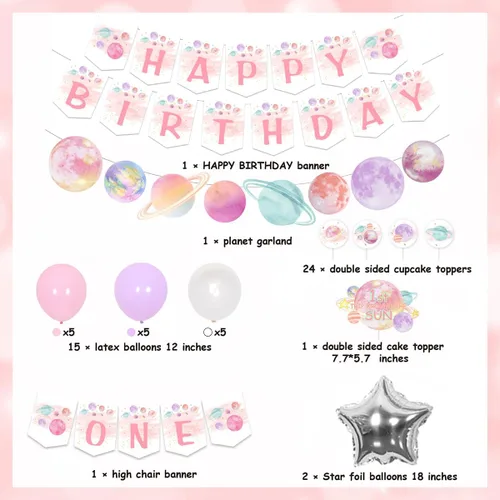 Vista 6 de Decoraciones de cumpleaños de primer viaje alrededor del sol, pancarta rosa para silla alta y decoración de pasteles, guirnalda de feliz cumpleaños