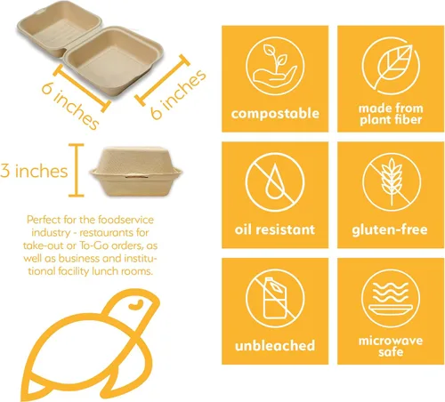 Vista 2 de Recipientes desechables 100% compostables con tapas [6 x 6 pulgadas paquete de 50 unidades] Recipientes ecológicos para llevar, resistentes