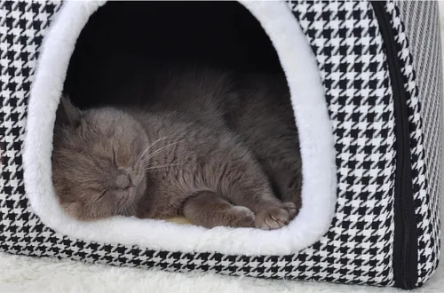 Vista 2 de Cama para gato o cama para perro, 2 formas de uso, casa de mascotas para interior con alfombra esponjosa, cubierta extraíble y lavable, fondo Grúas