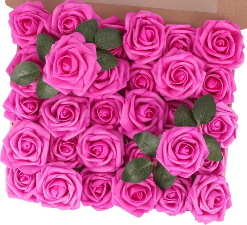 Vista 12 de MACTING 30 PCS Flores Artificiales Rosas Negras y Blancas Flores Falsas con Tallo Rosas de Espuma de Tacto Real para Boda Bola de Besos Ramillete 15