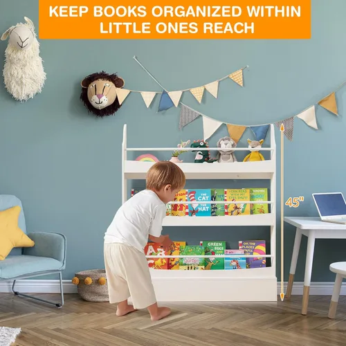 Vista 6 de Costzon Estantería para niños montada en la pared, estante organizador de madera de 3 niveles para libros y juguetes, estantería para niños pequeños