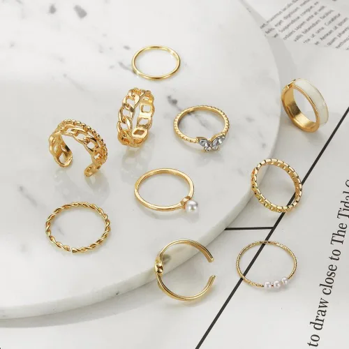 Vista 4 de Juego de anillos de oro para mujeres, adolescentes y niñas, juego de anillos dorados para nudillos, anillos vintage apilables bohemios, anillos