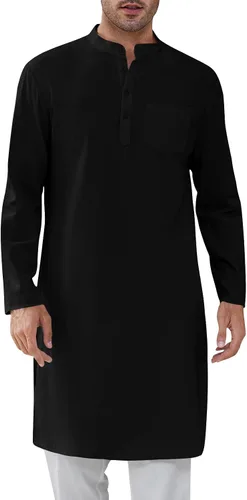 Vista 12 de Bata de caftán para hombre, con botones, manga larga, estilo Henley, de algodón, casual, con abertura lateral Blanco