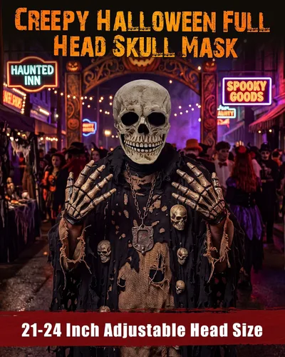 Vista 5 de Twistover Skull Mask with Skeleton Gloves, Latex Halloween Horror Set
