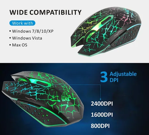 Vista 3 de Uciefy Q8 - Ratón inalámbrico para computadora para juegos, 2.4 GHz USB óptico recargable ergonómico LED inalámbrico silencioso ratón, 3 DPI