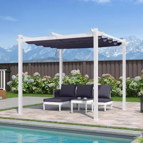 Vista 2 de PURPLE LEAF Pergola retráctil de 10 x 10 pies, pérgola blanca, toldo extra, azul marino