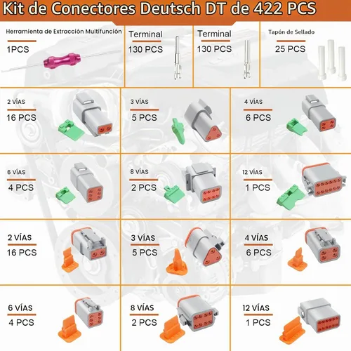 Vista 2 de Juego de 422 piezas de conectores Deutsch, conectores DT grises de 2, 3, 4, 6, 8 y 12 pines con contactos sellados de 16#, herramienta de extracción