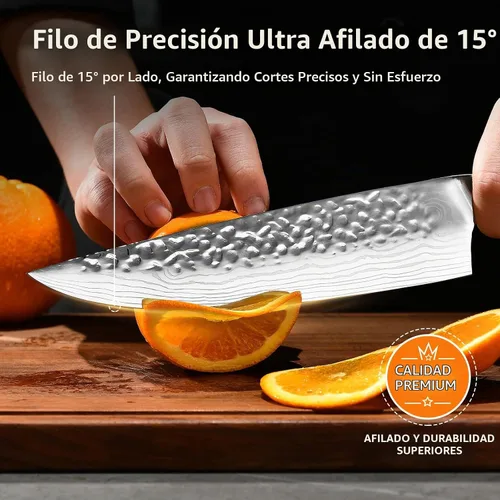 Vista 5 de Cuchillo de chef japonés de acero 7CR13 de 8 pulgadas, mango de madera de Pakka negra con triple remache con proceso de forja extra, regalos