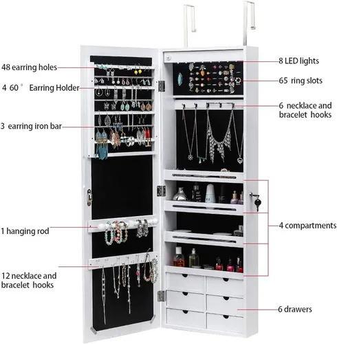 Vista 5 de Bonnlo Jewelry Armoire - Organizador de joyas con 8 LED, armario de almacenamiento grande con cerradura, joyero colgante que ahorra espacio