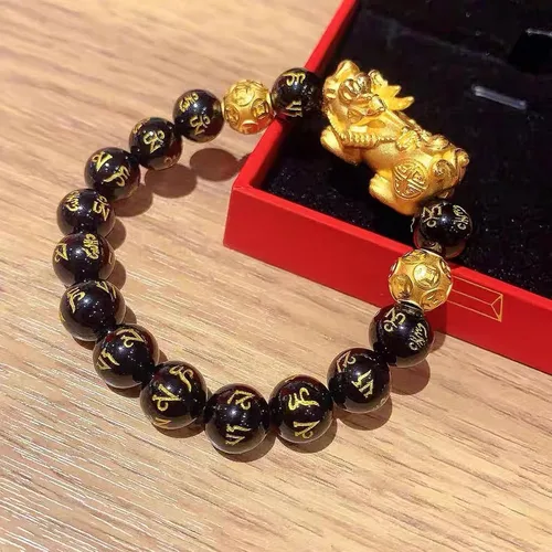 Vista 5 de Pulsera Feng Shui Pixiu de riqueza y suerte, pulseras Pi Xiu de buena suerte, pulsera de obsidiana negra Fengshui para hombres y mujeres, puede