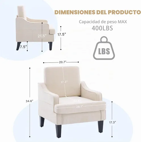Vista 2 de Silla decorativa para sala de estar, sillón de mediados de siglo, sillas de sala de estar, silla de lectura tapizada para dormitorio, sofá Beige