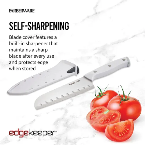 Vista 4 de Farberware Edgekeeper Cuchillo Santoku con triple remache con cubierta de hoja autoafilable, cuchillo de cocina de acero inoxidable de alto carbono