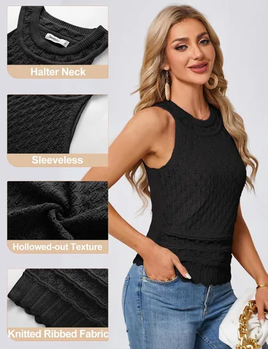 Vista 2 de JASAMBAC Suéter sin mangas para mujer, cuello redondo, ahuecado, elástico, recortado, suéter de punto
