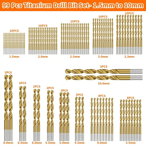 Vista 2 de ENERTWIST Juego de brocas con revestimiento de titanio, 99 brocas de acero HSS de alta velocidad para metal, madera, plástico, aleación de aluminio