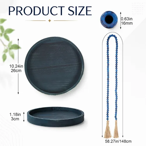 Vista 3 de Juego de 5 piezas de centros de mesa rústicos de mesa, juego de 3 jarrones de cerámica boho con bandeja de madera para servir cuentas de madera