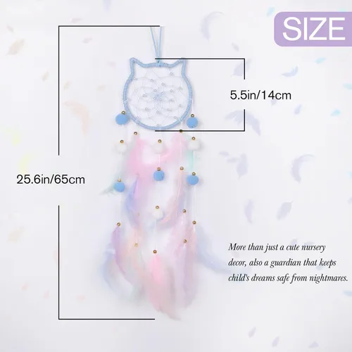 Vista 2 de Pretty Jolly - Atrapasueños azul de gato para niños, decoración de pared con pompones y plumas, atrapasueños hecho a mano para niños, decoración