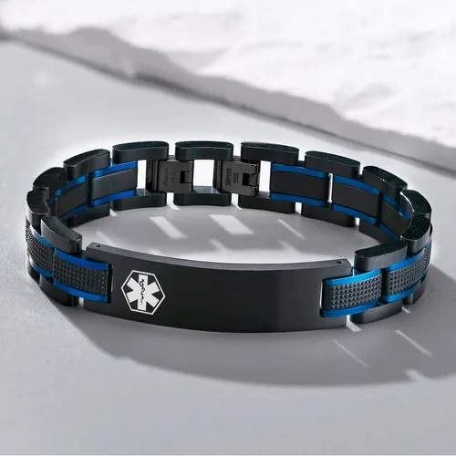Vista 5 de Free Custom Engraving Medical ID Bracelet 2-tone Blue Black Titanium Steel Heavy Masculine Elaborate Men's Medical Alert Bracelet Wristband Jewelry