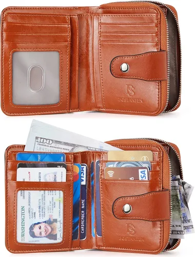 Vista 5 de BOSTANTEN - Billeteras de piel para mujer, con bloqueo RFID, con cremallera y bolsillo, billetera pequeña de dos cuerpos, con tarjetero