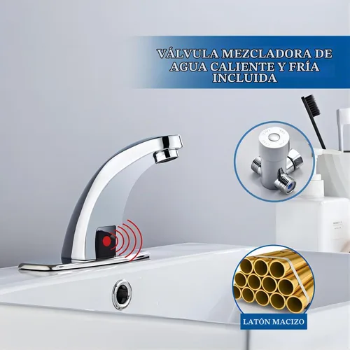 Vista 3 de Grifo de lavabo de baño sin contacto con sensor de movimiento automático, manos libres, grifos comerciales cromados con válvula mezcladora