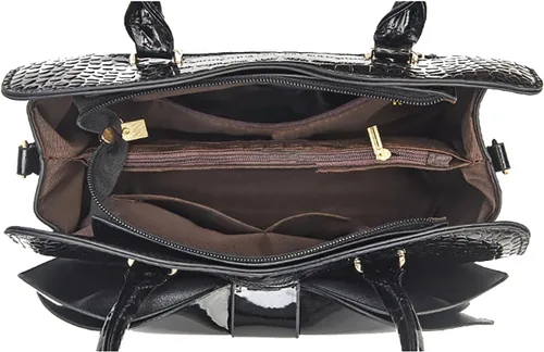 Vista 6 de Bolso tote en relieve de cocodrilo, asa superior con diseño de lazo, cierre de cremallera, bolso cruzado para fiesta de noche