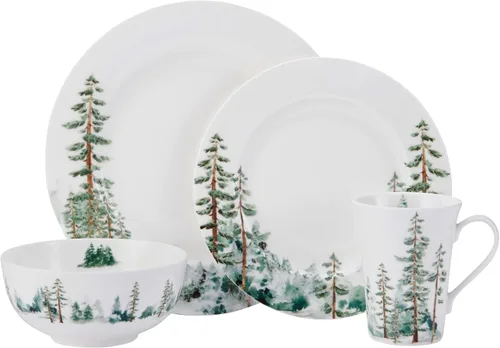 Vista 2 de Mikasa Watercolor Forest Bone China - Juego de vajilla ligera de 16 piezas resistente a las astillas, servicio para 4, color blanco