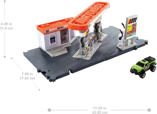 Vista 3 de Matchbox Juego de Coches de Juguete, Estación de Combustible con Conductores de Acción y Camión de Juguete a Escala 1:64, Mangueras de Gas Movibles