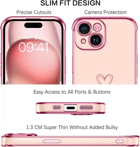 Vista 3 de BENTOBEN Funda para iPhone 15 Plus, diseño de corazón de lujo, chapado en oro, delgada, flexible, TPU para parachoques, para mujeres, hombres