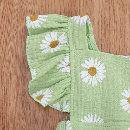 Vista 5 de Bebé Niñas Impresión Margarita Algodón Lino Volantes Sin Mangas Mameluco Mono Mono con Headaband Ropa Infantil Verano